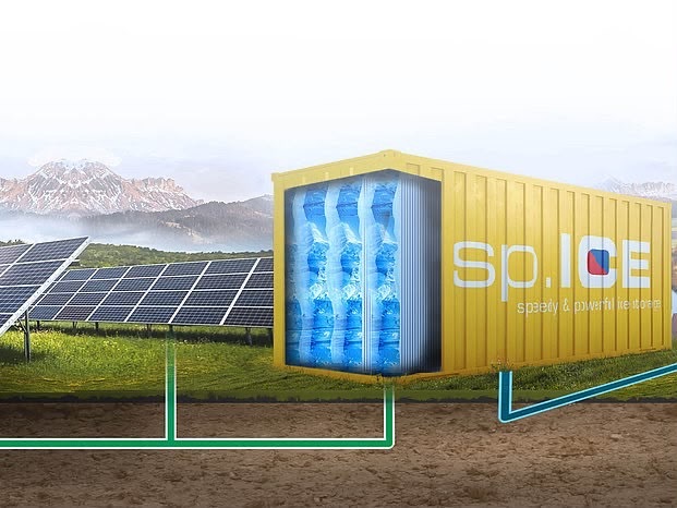 SP.ICE thermal storage container connected to a solar PV array
